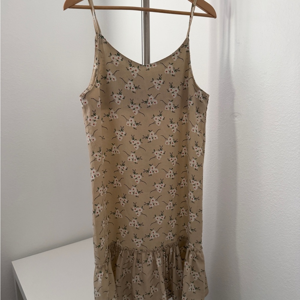 Beige Floral Slip Dress with Ruffle Hem